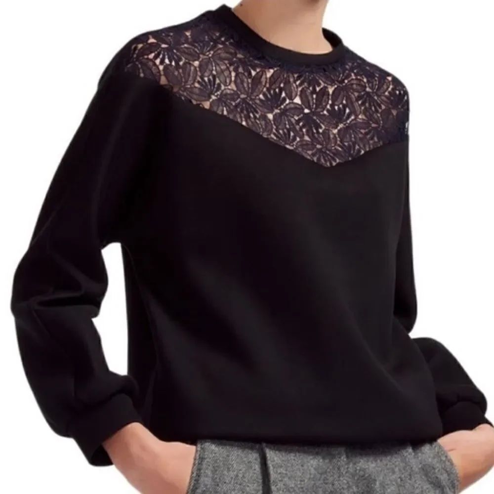 Maje Tepina blue black scuba sweatshirt embroidered de-tail designer size 3/L